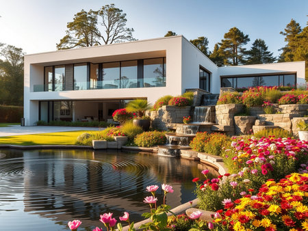 Modern house with swimming pool, view from the garden. Nobody insideの素材