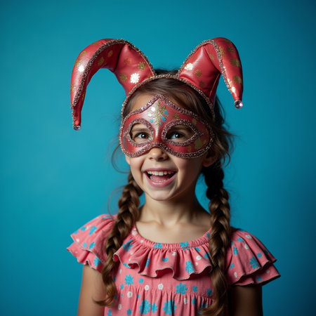 Portrait of a little girl in a carnival mask on a blue backgroundの素材