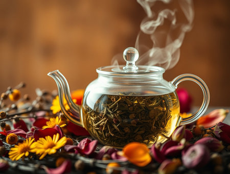 Herbal tea in a glass teapot on a wooden backgroundの素材