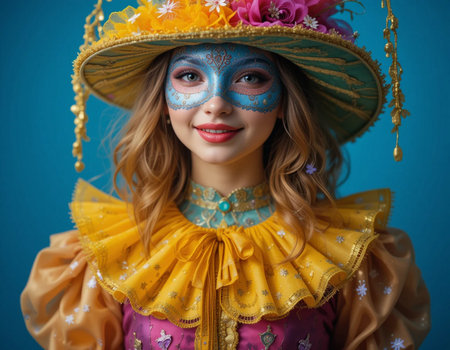 Portrait of a beautiful girl in a carnival costume on a blue backgroundの素材