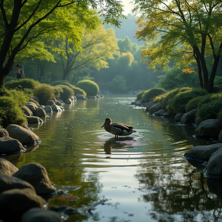 Duck swimming in a pond in a park in Beijing, Chinaの素材