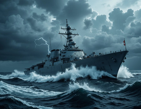 United States Navy (USAF) frigate in the storm.の素材