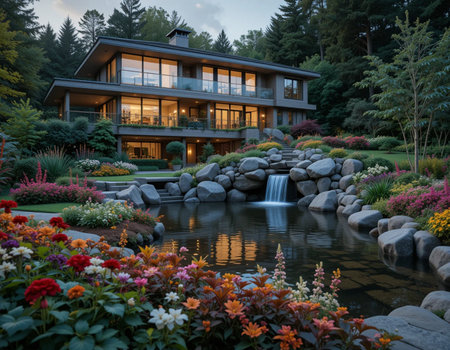 Luxury house in the garden with a beautiful landscaping.の素材