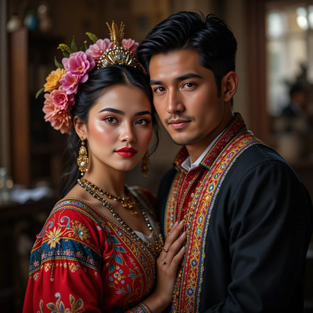 Portrait of a beautiful Asian couple in traditional Thai clothes.の素材