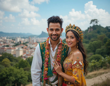 Portrait of a young couple in traditional clothes on the background of the city.の素材