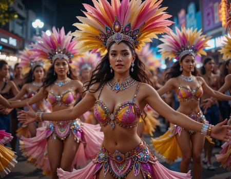 Unidentified dancers participate at the annual Carnaval Andino con la Fuerza del Sol in Bangkok, Thailand.の素材