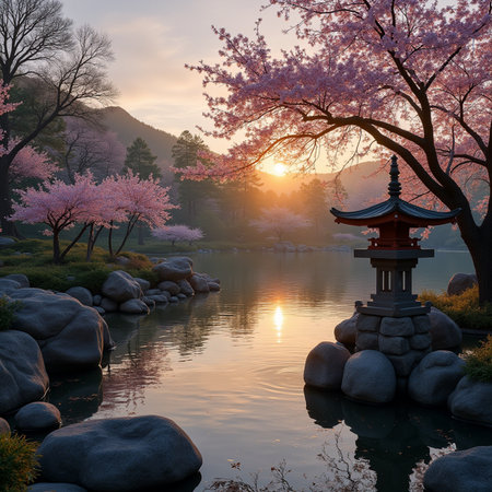 cherry blossom in Japanese garden at sunset, spring seasonの素材