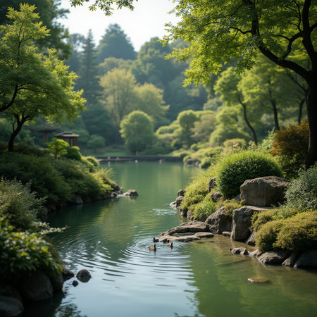 Japanese garden with pond and trees in the morning, Kyoto, Japanの素材