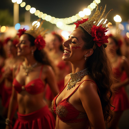 Beautiful young woman in red brazilian costume dancing at night partyの素材
