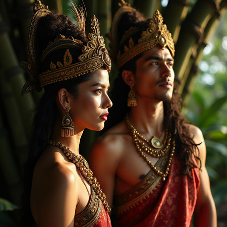 Portrait of a beautiful Asian couple in the jungle. Beauty, fashion.の素材