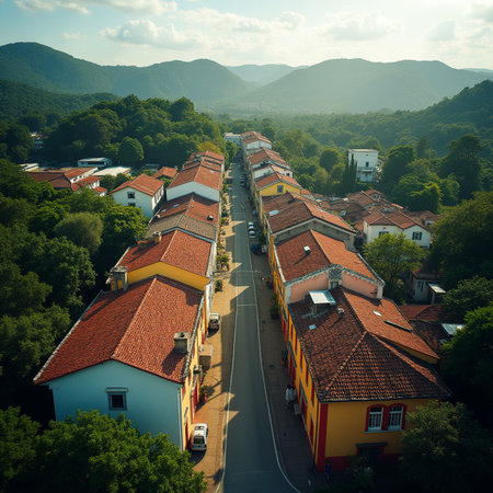 Aerial view of the old town of Sighisoara, Romaniaの素材