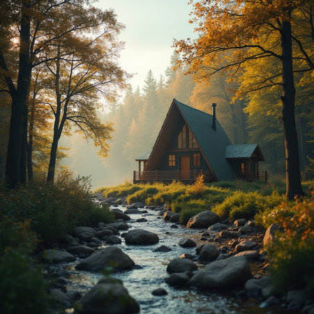 Wooden house on the mountain river in the autumn forest at sunset.の素材