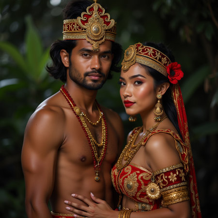 Beautiful young Asian couple in traditional costume posing in the jungleの素材