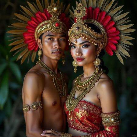 Beautiful Thai couple in traditional costume in Bali, Indonesia.の素材
