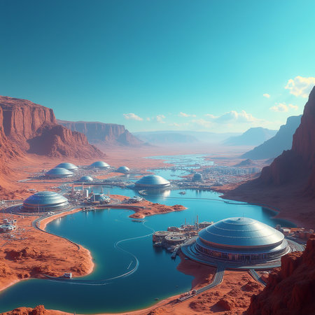 Fantasy alien planet. Mountain and river. 3D illustration.の素材