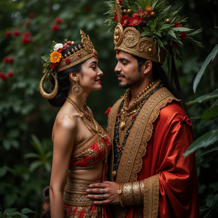 Young couple in traditional costume of Indonesian woman and man.の素材