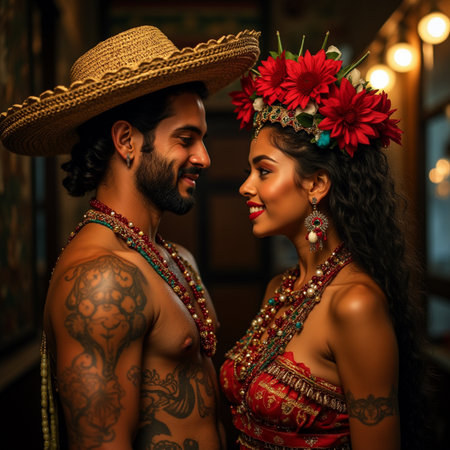 Beautiful Hispanic couple in traditional brazilian costume and sombreroの素材