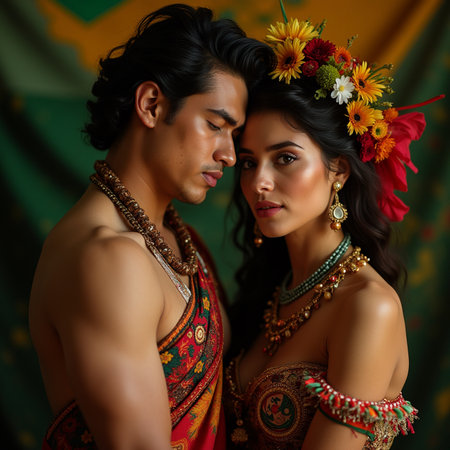 Portrait of a young couple in traditional Indian costume, studio shotの素材