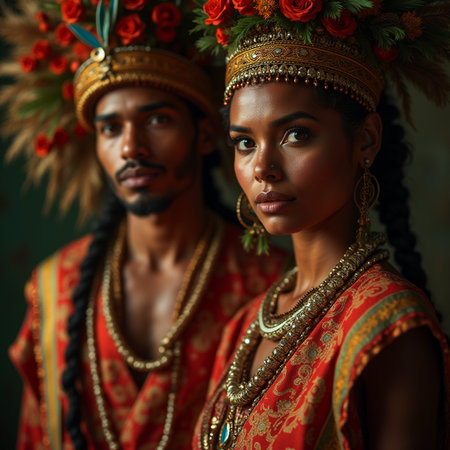 Portrait of a beautiful African-American woman and a man in ethnic clothes.の素材