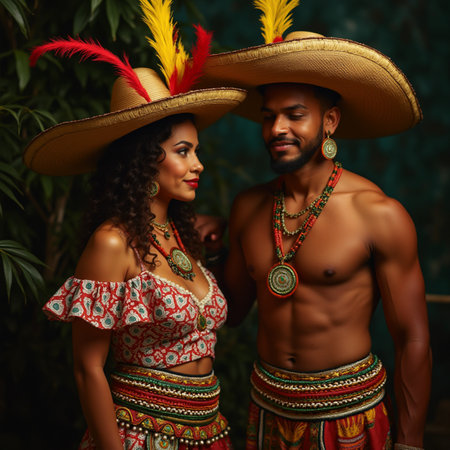 Portrait of a beautiful young couple in sombrero and Brazilian costume.の素材