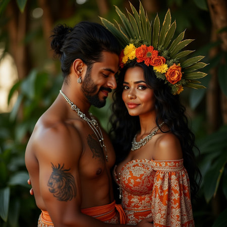 Portrait of a beautiful couple in a tropical forest. Honeymoon.の素材