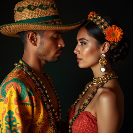 Portrait of a beautiful couple in ethnic clothes on a black background.の素材