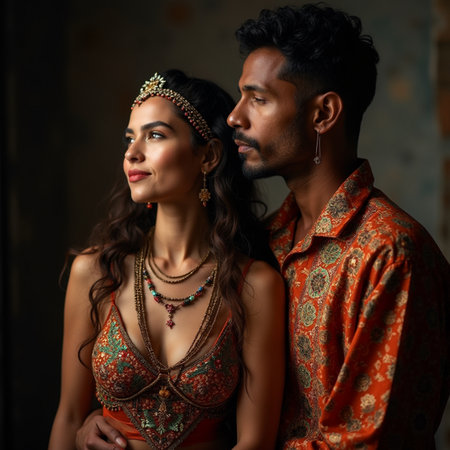 Portrait of a young Indian couple in traditional clothes, studio shotの素材