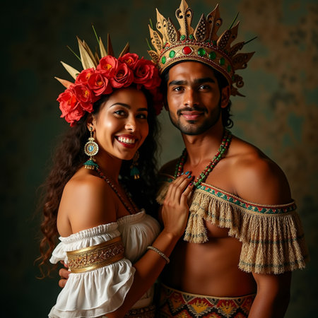 Portrait of a beautiful young African-American couple in traditional costume.の素材