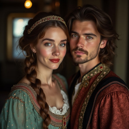 Portrait of a beautiful young couple in medieval clothing. Retro style.の素材