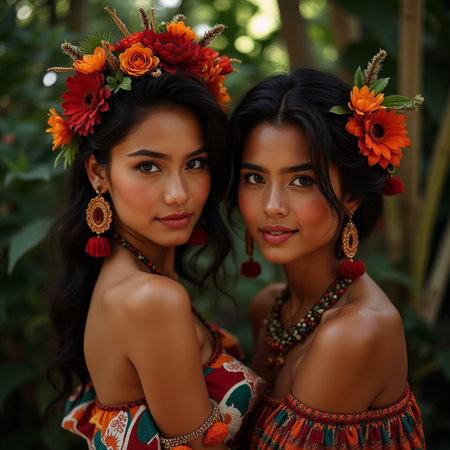 Portrait of two beautiful Asian women in traditional clothes with flowers.の素材