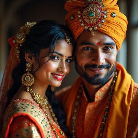 Indian bride and groom in traditional Indian clothing, close-upの素材