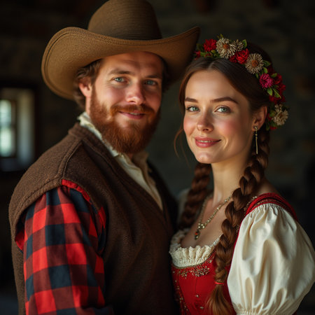 Portrait of a beautiful young couple in traditional Bavarian clothesの素材