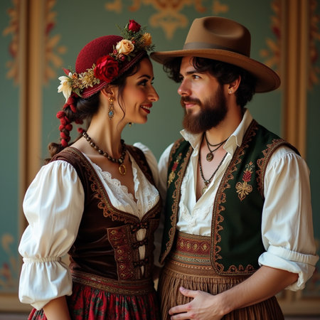 Portrait of a young couple in traditional Bavarian clothes.の素材