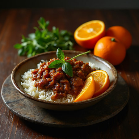 Rice with meat and orange on a wooden background. Selective focus.の素材