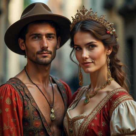 Portrait of beautiful young couple in medieval style clothing posing on the street.の素材