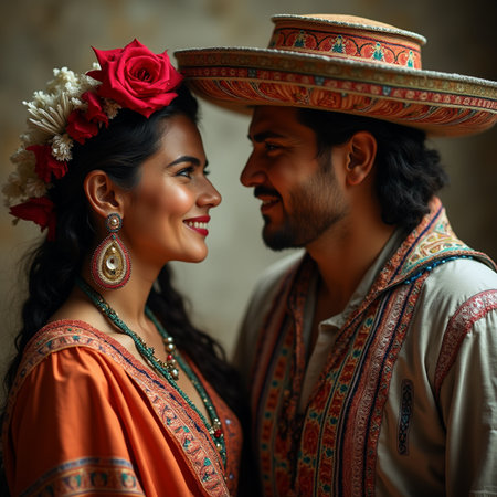Portrait of a young Indian couple in traditional clothes with sombreroの素材