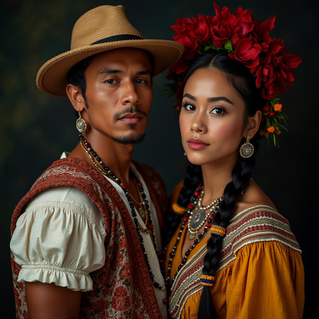 Portrait of a young ethnic couple in traditional clothes posing over dark background.の素材