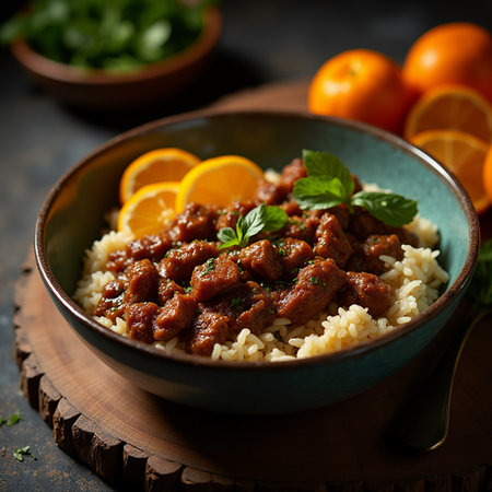 Rice with meat and tangerines on a dark background.の素材