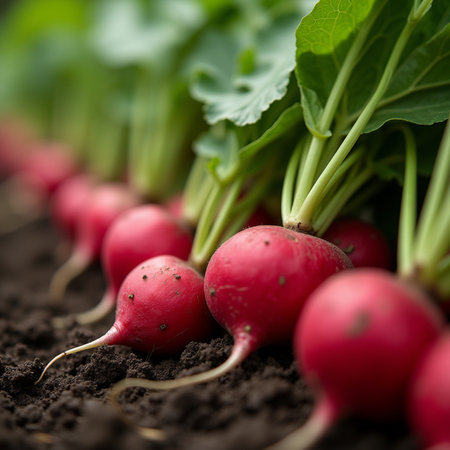 Red radishes in the soil. Selective focus. Shallow depth of field.の素材