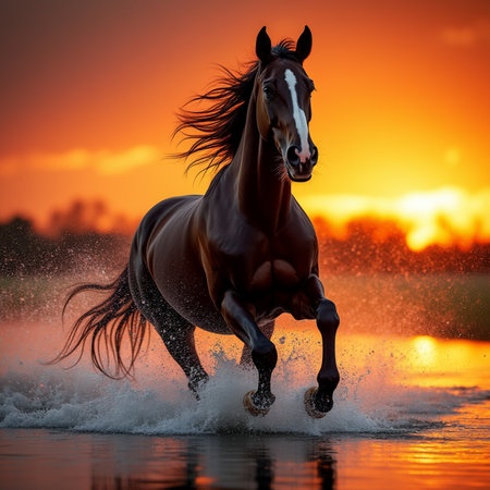 Bay stallion galloping in water at sunset. 3d renderの素材