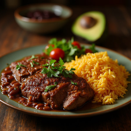 Beef Bourguignon with rice and avocado on wooden backgroundの素材