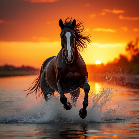 Beautiful bay horse galloping in the water on a sunset backgroundの素材
