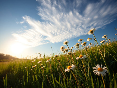 Sunset over a meadow with daisies and blue skyの素材