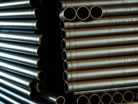 3d illustration of many steel pipes stacked in a row on black backgroundの素材