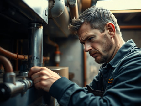 Portrait of a young man working on a boiler in a breweryの素材