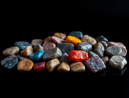 Colorful stone pebbles on black background, close-upの素材