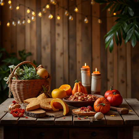 Autumn still life with pumpkin porridge, apples, pumpkins, gingerbread cookies and burning candles on wooden backgroundの素材