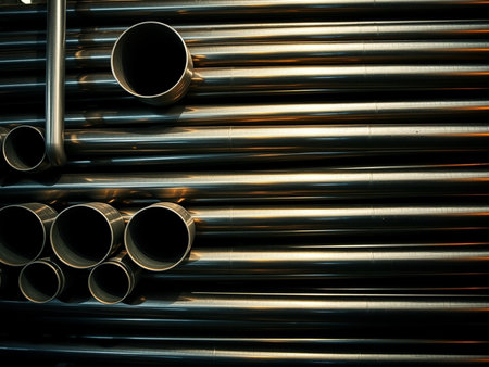 Steel pipes, industrial background, toned image, shallow depth of fieldの素材