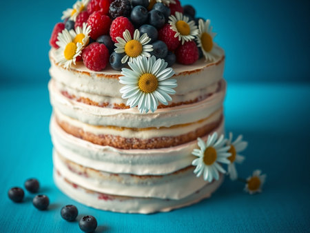 Homemade cake with berries and daisies on a blue backgroundの素材