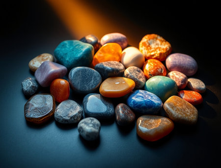 Colorful stones on a dark background. Selective focus. Toned.の素材